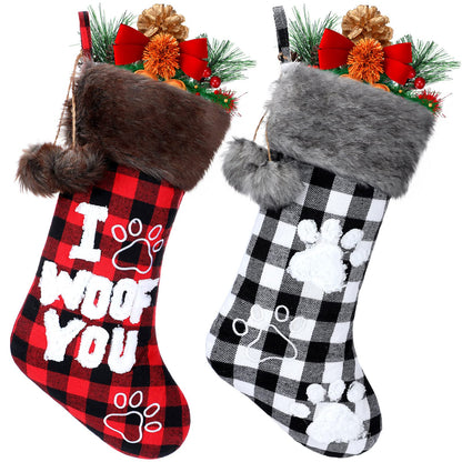 Skylety 2 Pieces Christmas Pet Dog Stocking 20 Inch Buffalo Plaid Christmas Stockings Plush Faux Fur Cuff Christmas Hanging Ornament with Letter and Dog Paw for Xmas Decoration (Black Red,Black White)