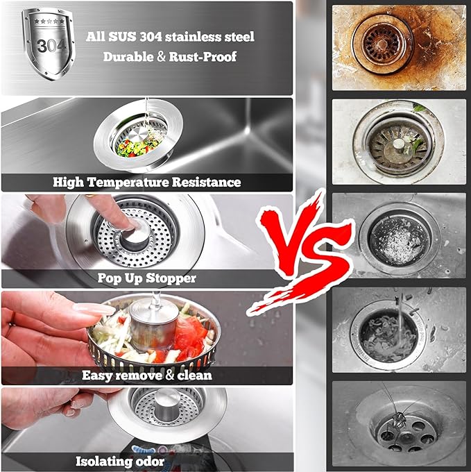 Upgraded 3 in 1 Kitchen Sink Drain Strainer Stopper, Brushed Stainless Steel