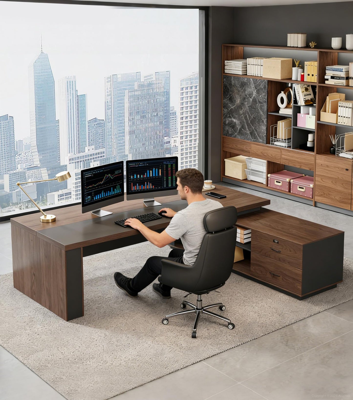 Anzhap 63" Reversible L-Shaped Executive Desk with Drawers – Compact Office Computer Desk with Open Shelves, LED Lighting, Built-in Outlet & USB Ports for Home, Office, School (63" W x 63" D x 30" H)