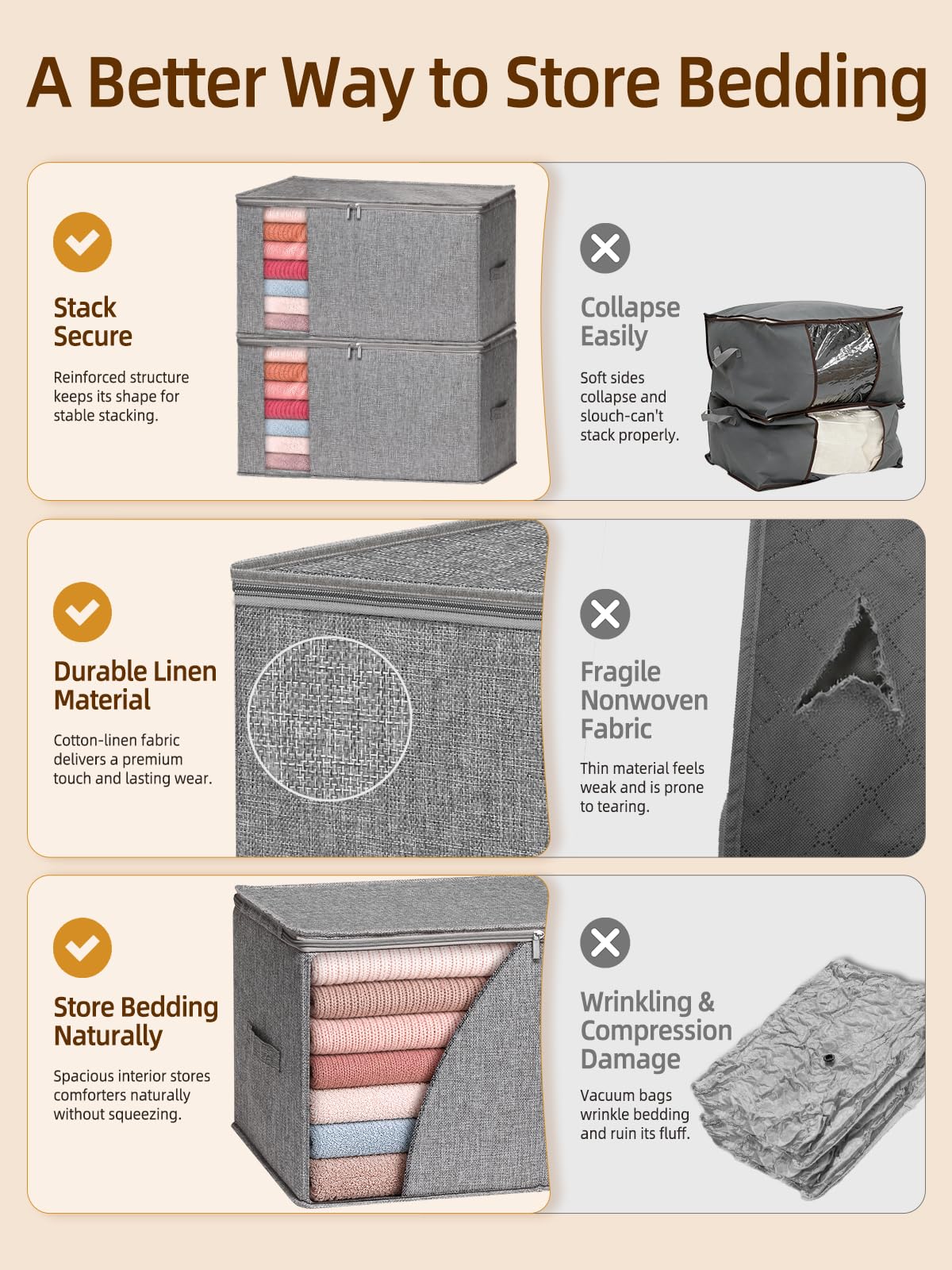 boailydi 60L Blanket/Comforter Storage Bag w/Rigid Side & Bottom Support, Stackable Clothes Storage Bin for Sweaters Bedding Sets Quilts Pillows, Closet Organizer, 21.7x14.2x11.8in, 2 Pack, Gray