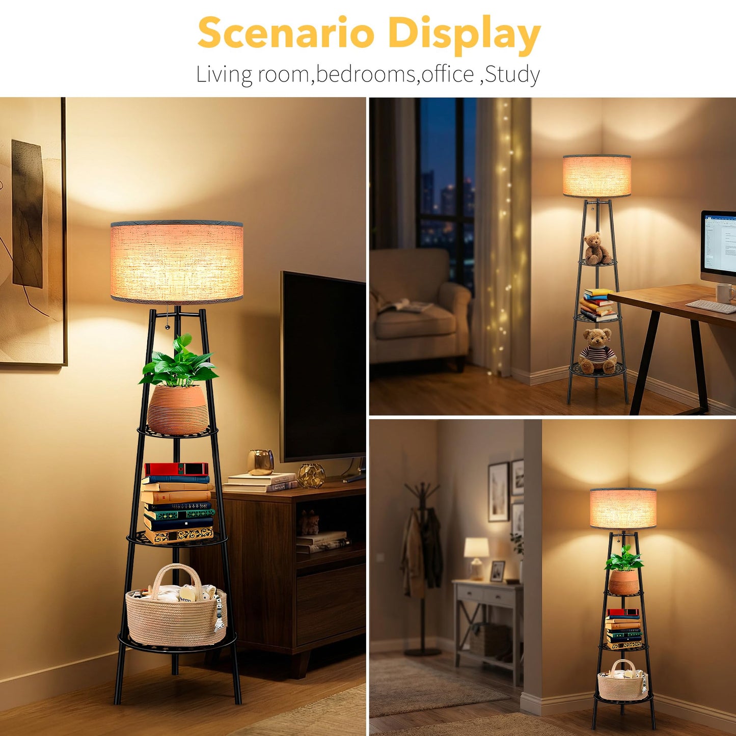ZQQLITE Floor Lamp with Shelves for Living Room， Standing Lamp，Tall Lamp， Amparas Elegantes para Sala with Linen Shade，Modern Floor Lamp for Living Room，Bedroom or Office（Black ）