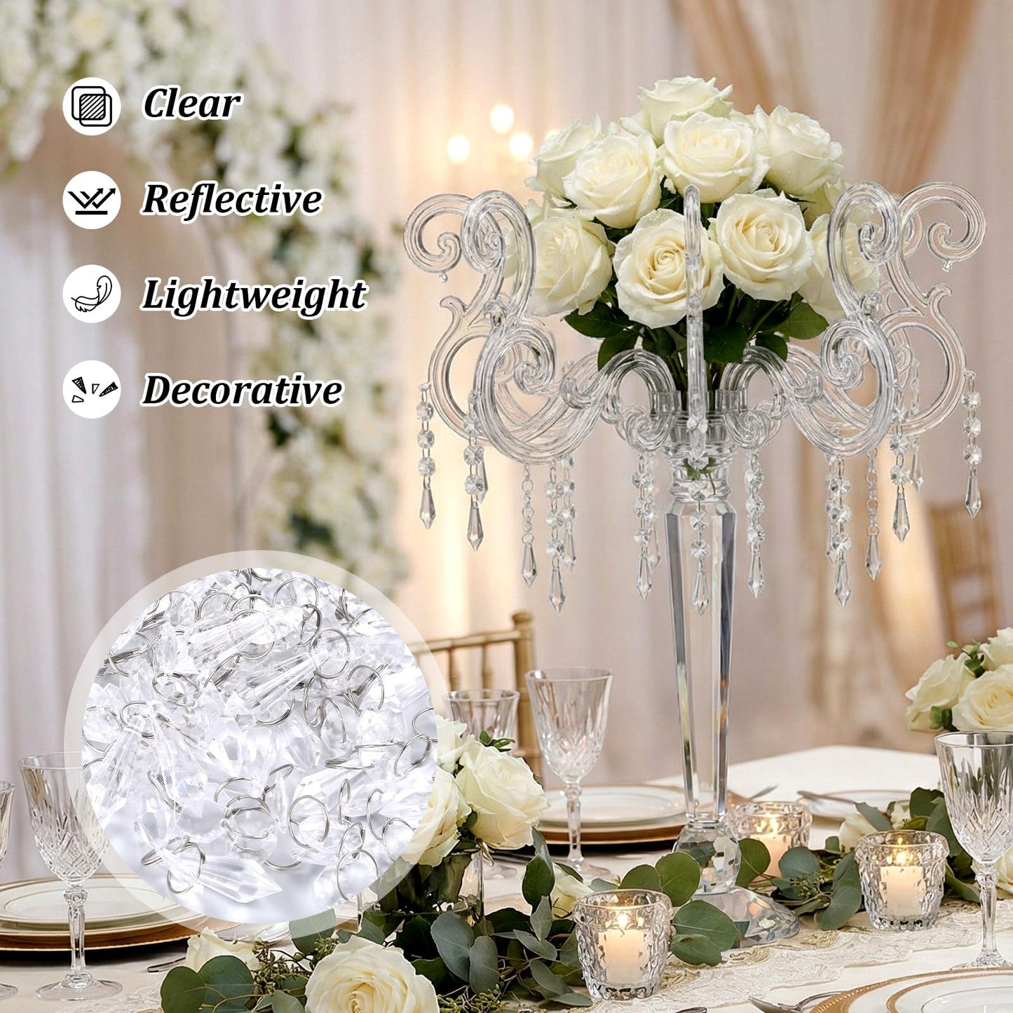 100 Pcs Acrylic Hanging Crystals for Centerpieces Icicle Chandelier Garland Beads Strands Ornaments Clear Teardrop Chandelier Crystals Pendant for Wedding Home Garden Outdoor Christmas Tree Decor