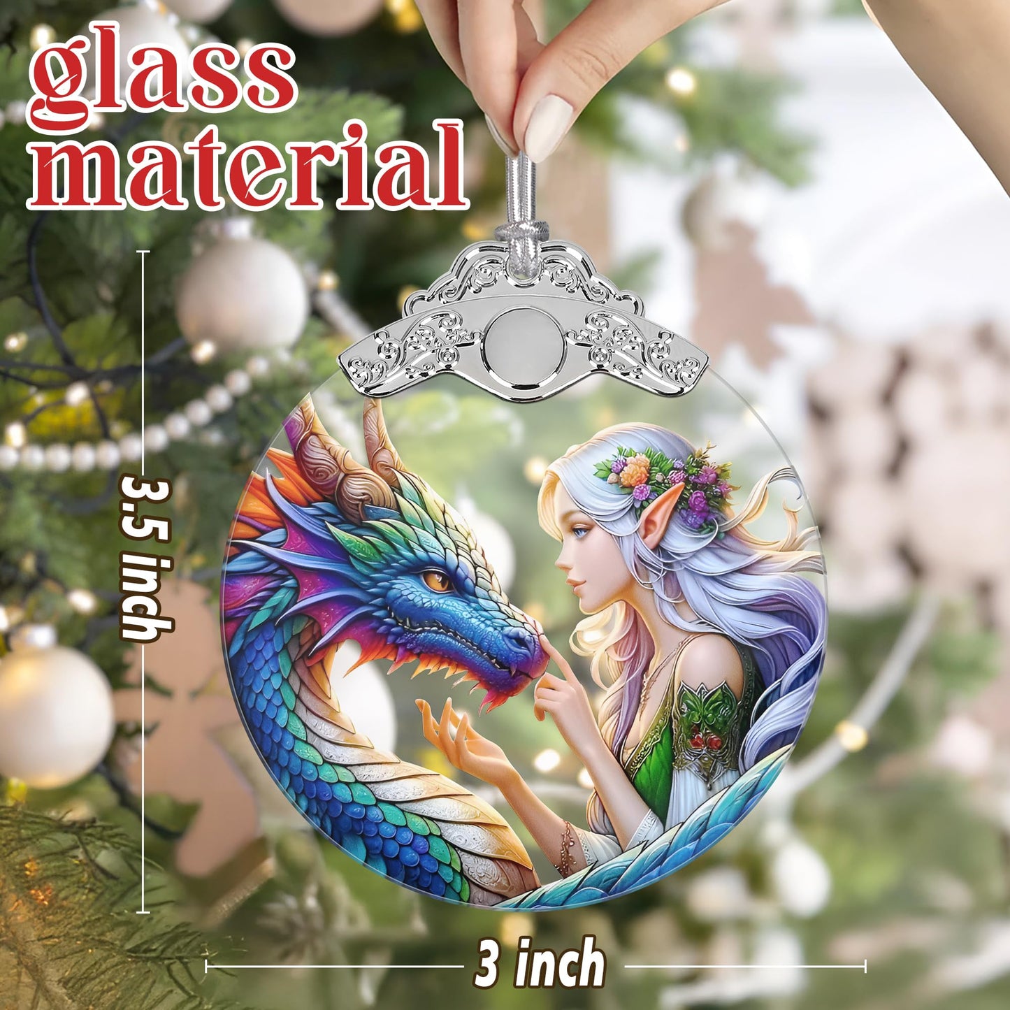 Jocidea Enchanted Elf & Dragon Christmas Ornament - Stained Glass Hanging Decor - Tree Decoration - Gift for Friends, Sisters