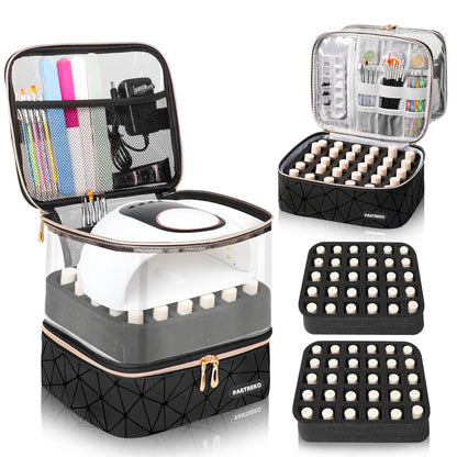 Partreko Clear Nail Polish Organizer Holds 60 Bottles (15ml/0.5fl.oz)& Nail Lamp, Double Layer Nail Supplies Organizer Case Transparent, PU Leather Nail kit Storage Bag for Manicure Tools (Black)