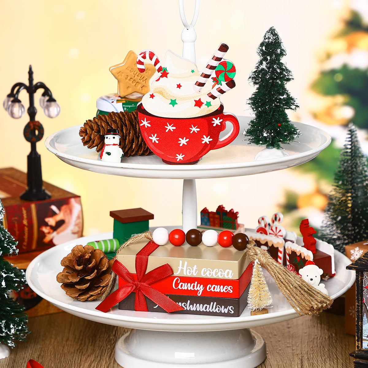 Bucherry 5 Pieces Christmas Farmhouse Tiered Tray Decor Winter Hot Cocoa Wood Decorative Stack Book Decor with Bead Garland for Home(Coffee)