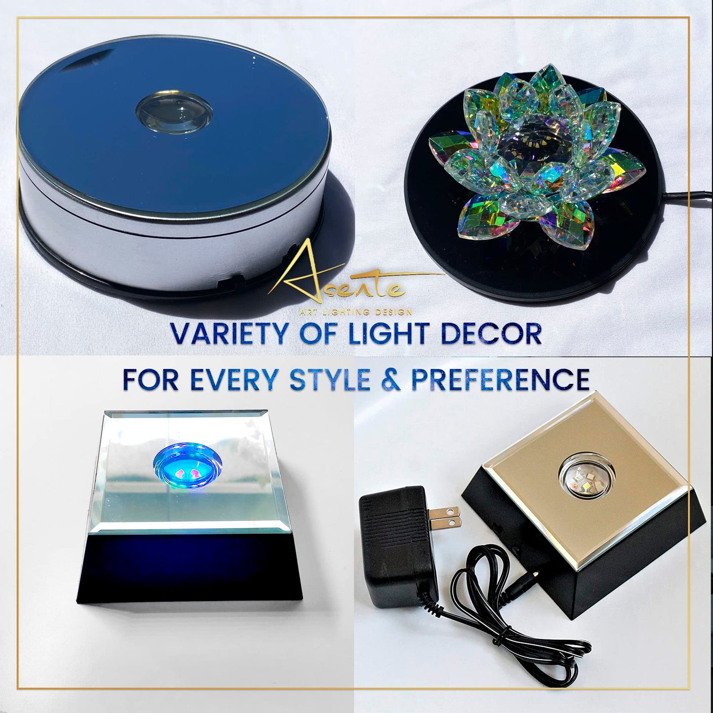 ASENTE 16 LED Multi-Color Light Stand Base- Lighted Acrylic Display, Crystal Display, Trophy & Art Hologram, 3D Pedestal Stand for Crafts, & Other Special Centerpieces, 4.5V AC/USB Adapter, Matte Black
