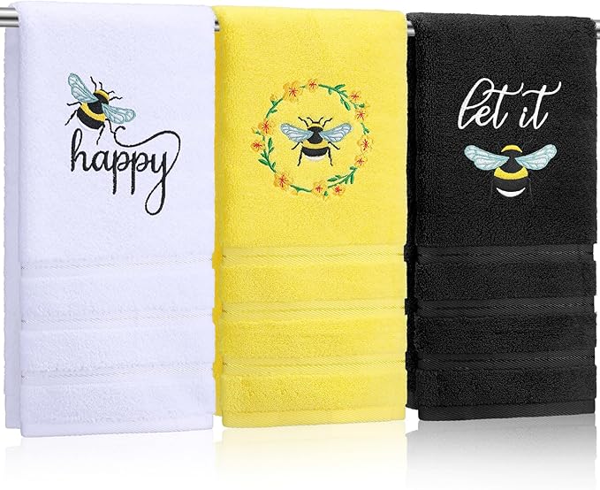 Bee Hand Towels Farmhouse Summer Yellow Bathroom Decor 14x29 Inch Embroidered