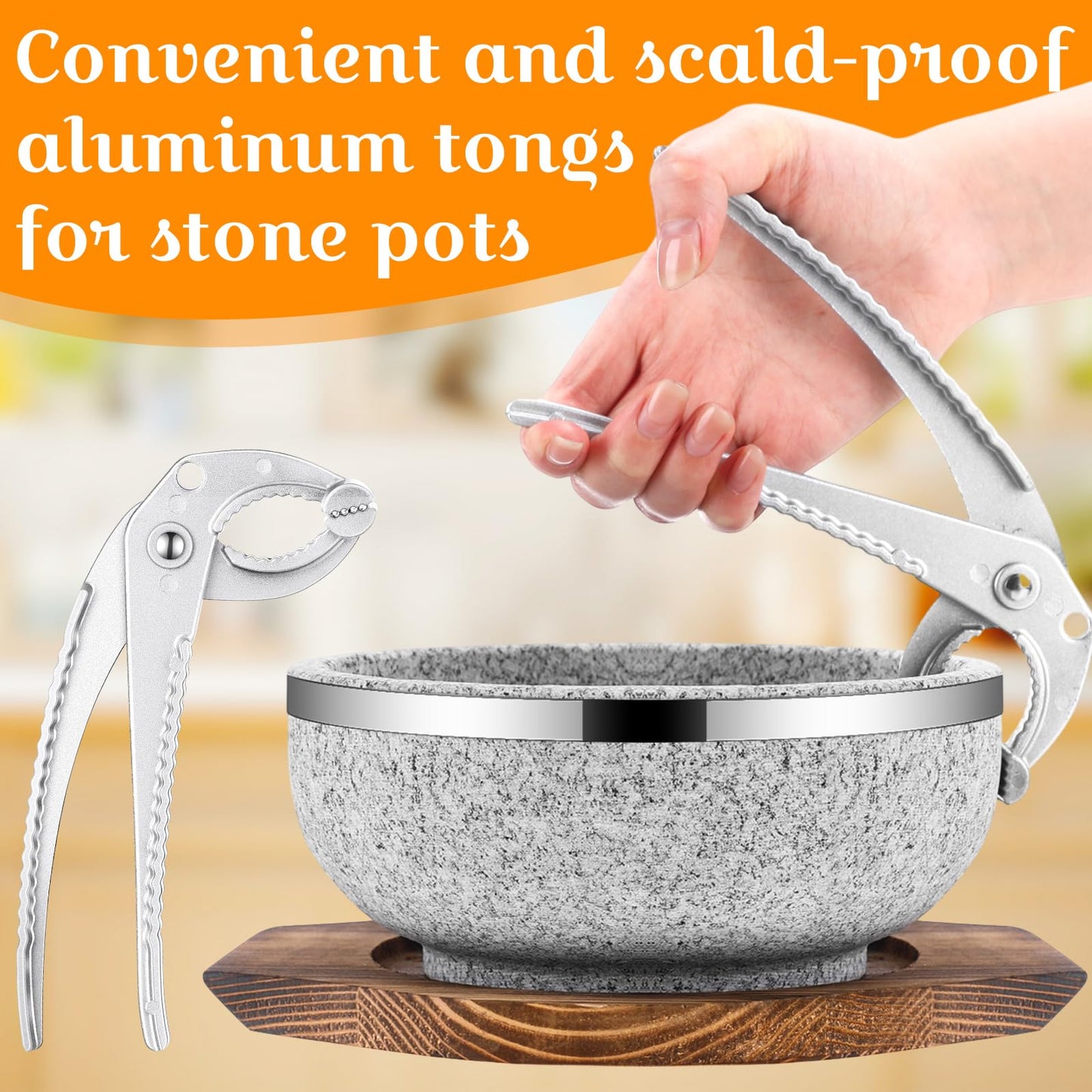 Lallisa 2 Set Dolsot Bibimbap Stone Bowl with Wood Base and Aluminum Tongs Dolsot Pot Stone Bowls Sizzling Hot Pot for Korean Restaurants, Soup, Rice, Stew(32 oz)