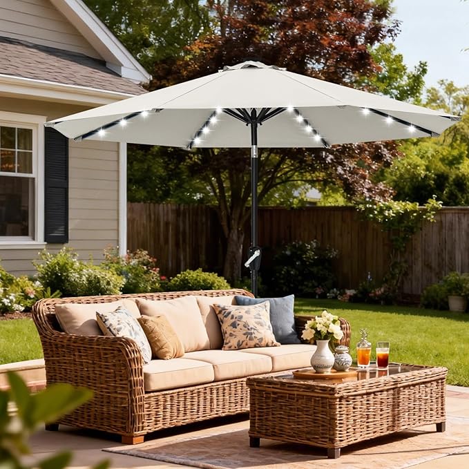 ABCCANOPY Durable Solar Led Patio Umbrellas with 32LED Lights 11FT (Light Beige)