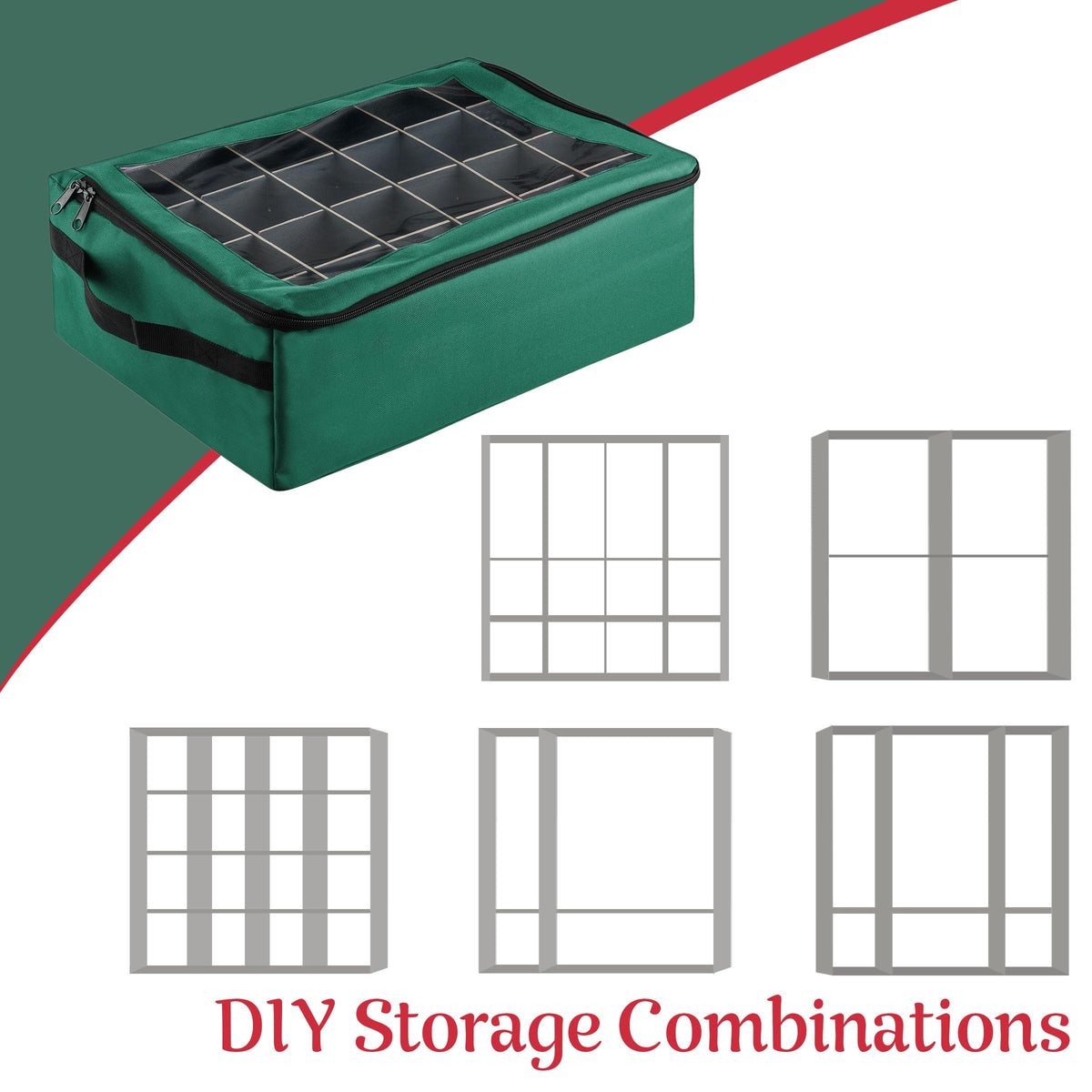 Ornament Storage Box - Zippered Organizer with 48 Individual Compartments and Dividers for Christmas Bulbs and Decorations by Tiny Tim Totes (Green)