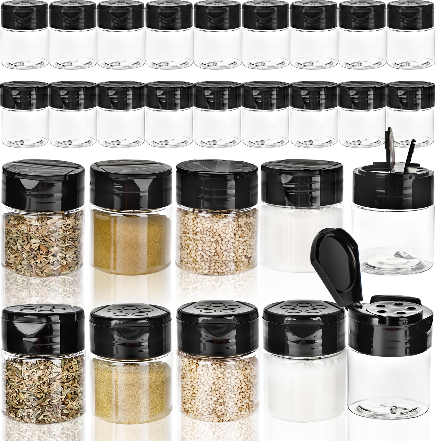 Conagel 30 Pack 1 oz Mini Plastic Spice Jars with Flip Caps Clear Empty Plastic Spice Bottles Round Food Safe Storage Containers for Kitchen Storing and Dispensing Salt Spice, 2 Styles