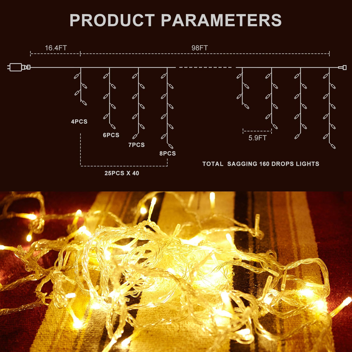LED Icicle Lights for Outdoor Christmas Decorations,98.4Ft 1000 LEDs Christmas Fairy Light with Timer&Memory Function,8 Lighting Modes,Plug in hanging Curtain Lights for Xmas Party Wedding(Warm White)