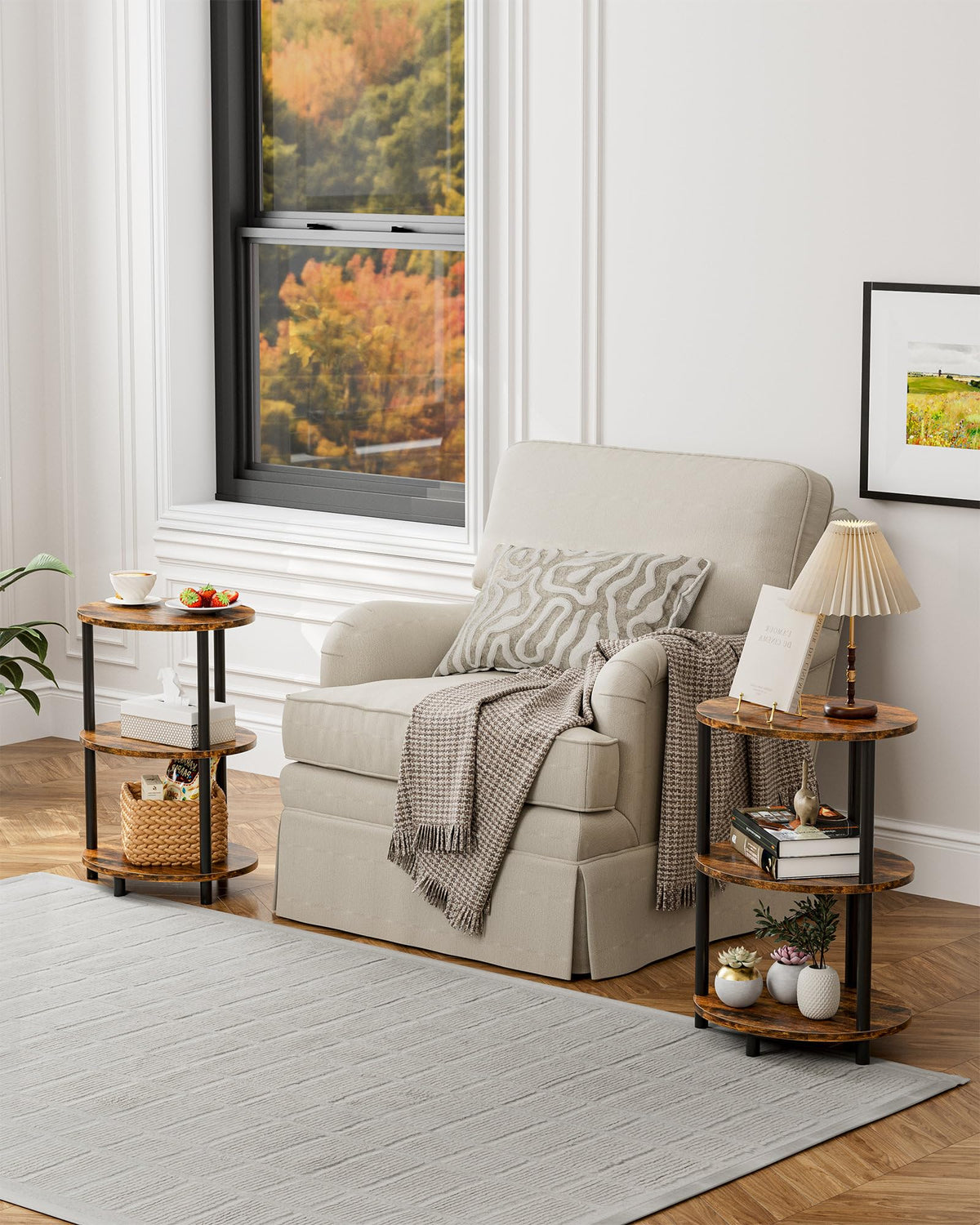 RISWER Round Small End Table - 3 Tier Oval Accent Table for Small Spaces, Rustic Wood and Metal Couch Side Table, Nightstand for Bedroom or End Table Living Room, Easy to Assemble, Rustic Brown