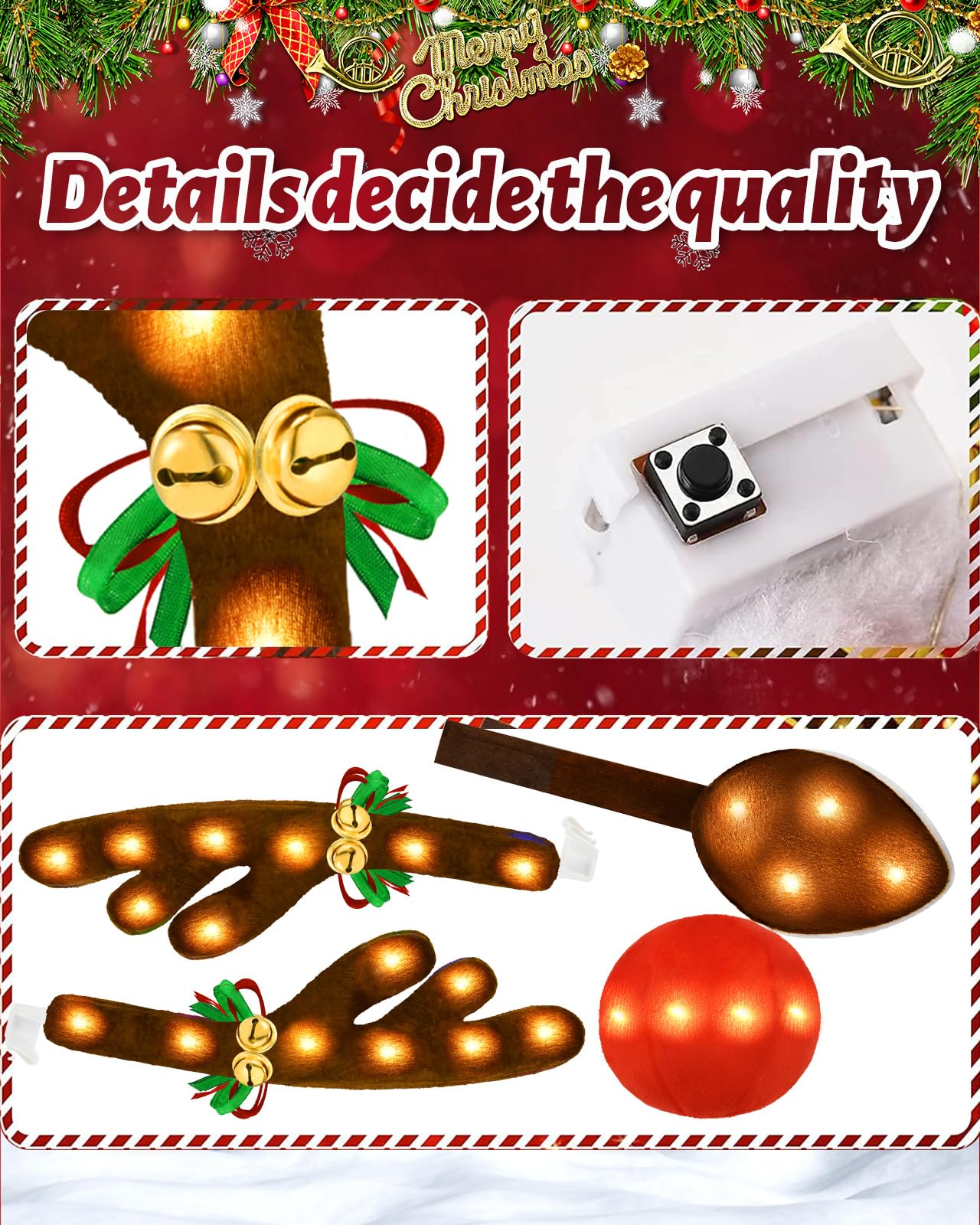 Christmas Reindeer Antlers Car Decoration Kit with LED Warm White Lights, Vehicle Christmas Car Kit with Jingle Bells Rudolph Reindeer and Nose, Tail for The Trunk