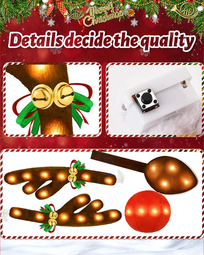 Christmas Reindeer Antlers Car Decoration Kit with LED Warm White Lights, Vehicle Christmas Car Kit with Jingle Bells Rudolph Reindeer and Nose, Tail for The Trunk