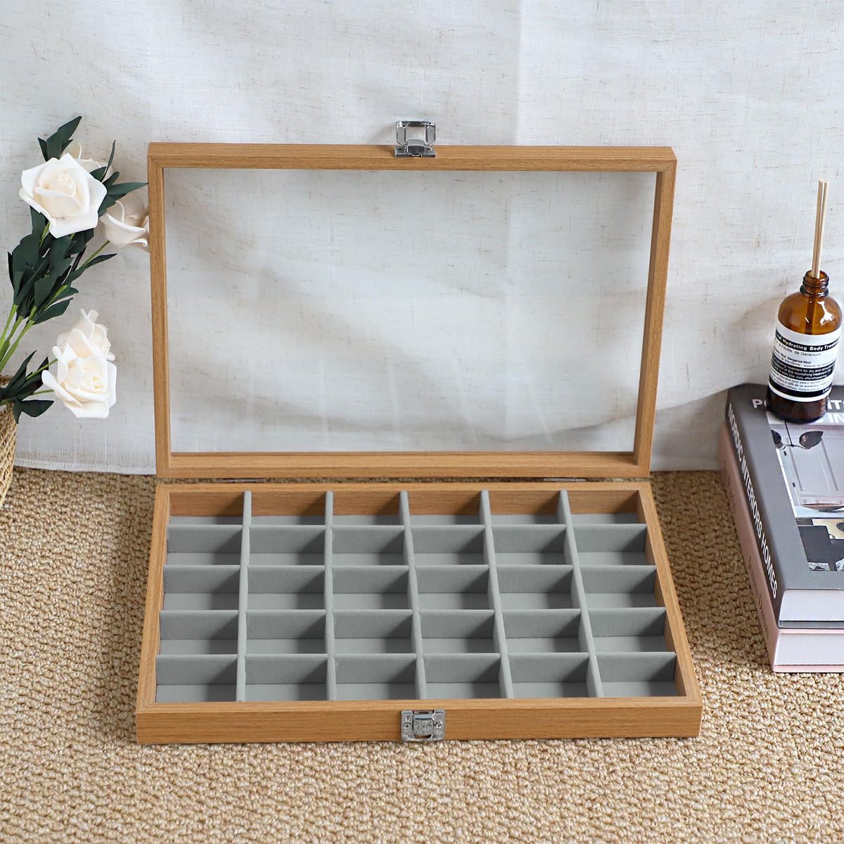 Wudygirl Jewelry Box for Women Wooden Jewelry Organizer 30 Grid Jewelry Box with Hinged Lid Earring Holder Organizer Jewelry Tray for Rings Bracelets Brooches (Gray 30 Grid)