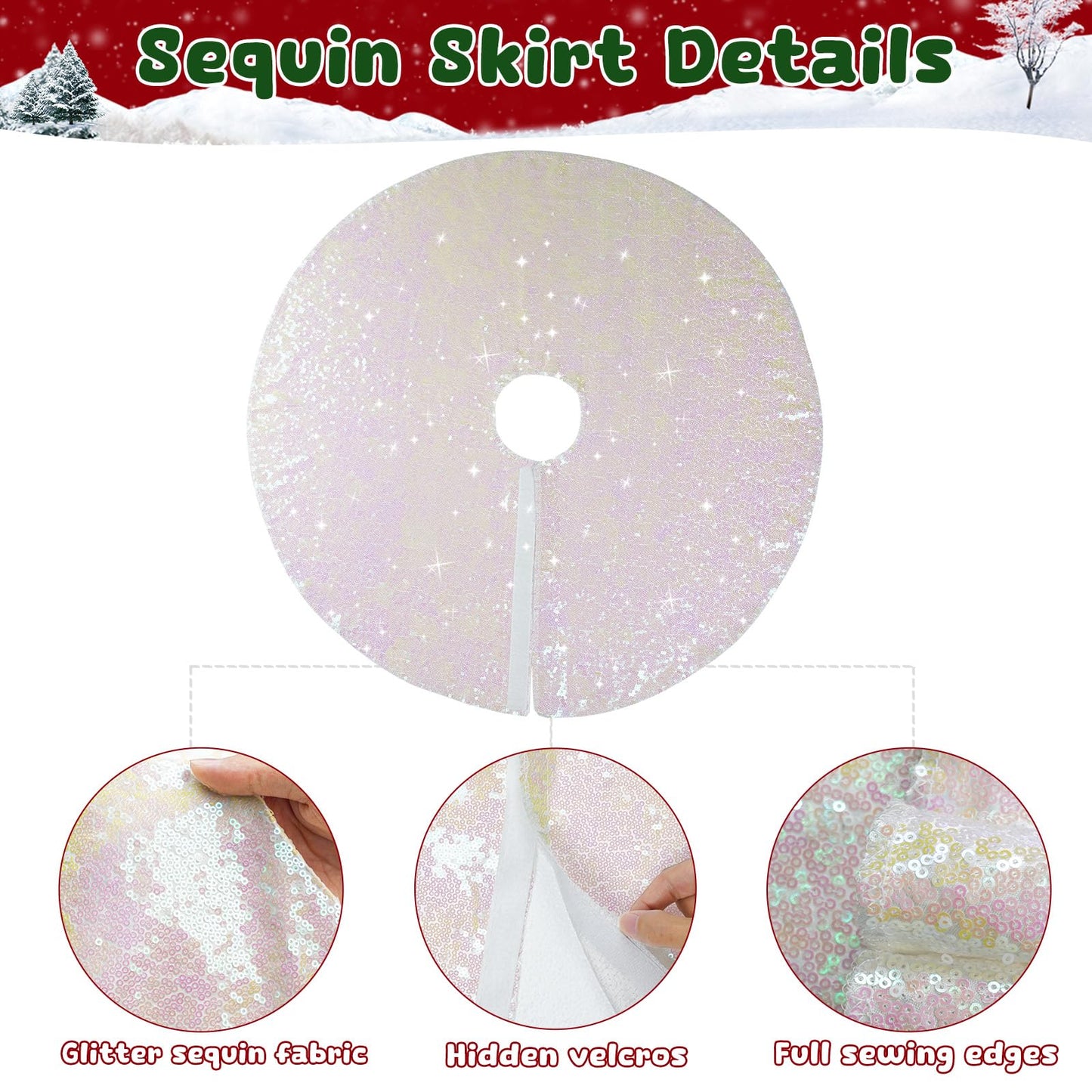 Christmas Tree Skirt 36" Round Sparkly Iridescent Sequin White Ornaments Xmas New Years Party Decorations