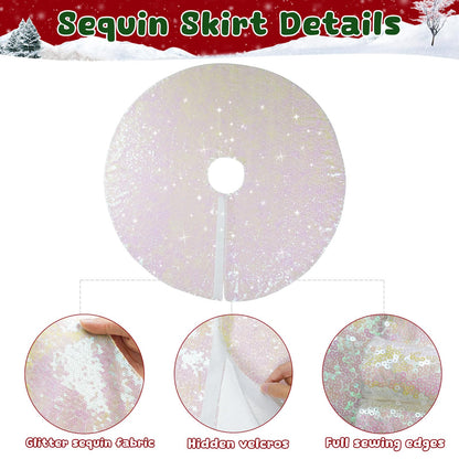 Christmas Tree Skirt 36" Round Sparkly Iridescent Sequin White Ornaments Xmas New Years Party Decorations