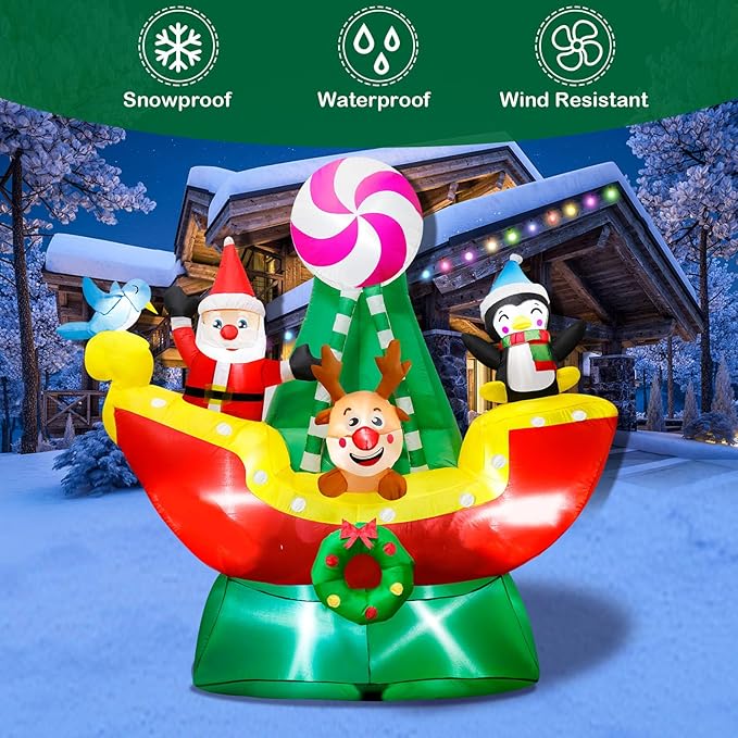 6 FT Christmas Inflatables Animals Sitting on Ship Christmas Blow ups Built in LED Lights Christmas Decorations Inflatables for Christmas Holiday Garden Lawn