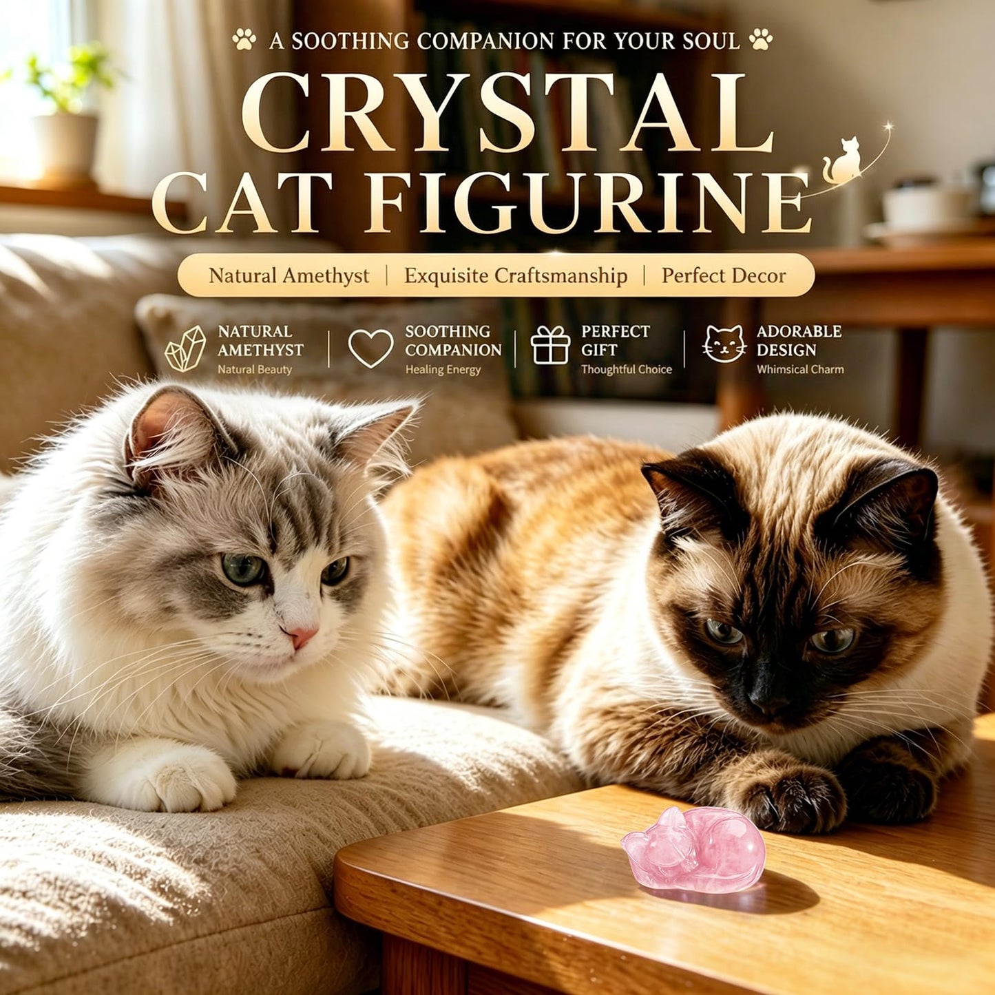 EZEELAI 2Pcs Crystal Rose Quartz Cat Figurines, 2" Pink Sleeping Cat Crystal Sculpture, Healing Crystal Decors Statue, Home Office Desk Decor, Cat Themed Ornaments Gift for Cat Lovers
