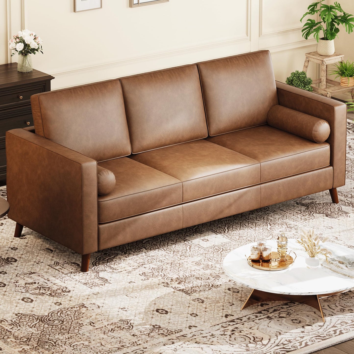 PeacefulHues 81" Leather Sofa, Mid-Century Modern Deep Seat Couch, PU Leather Couch, 3-Seat Sofa for Living Room, Office, Brown
