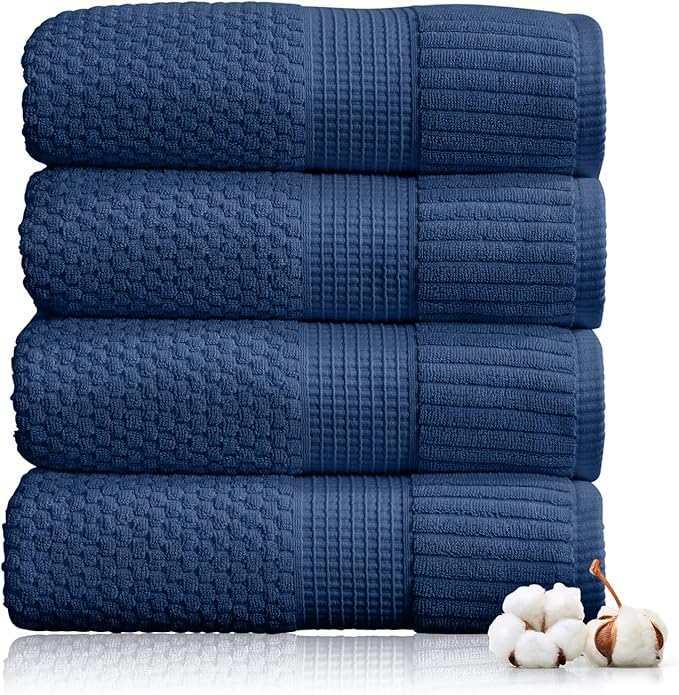NY Loft 100% Cotton 4 Pack Bath Towel Set| Navy Bath Towels | Super Soft &