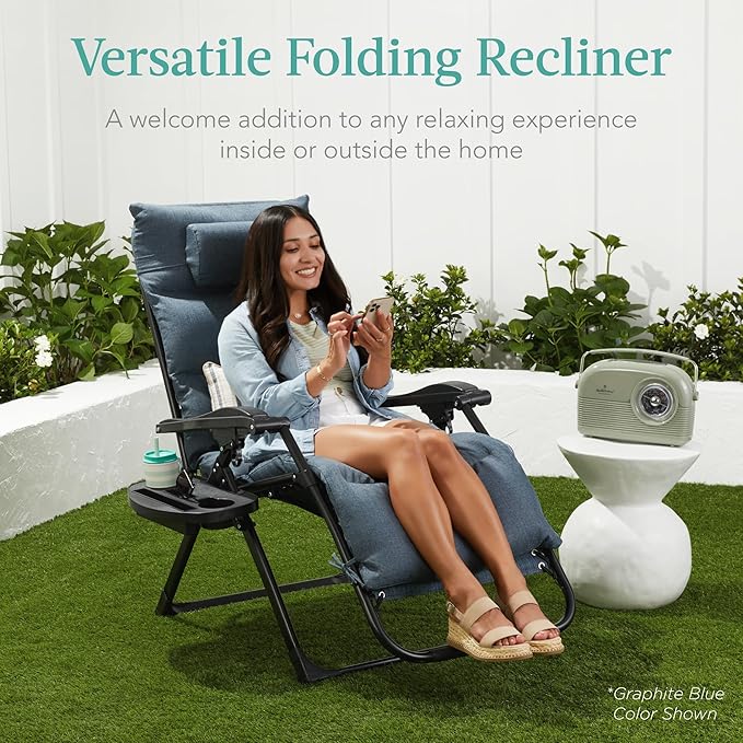 Best Choice Products Oversized Zero Gravity Chair, Folding Outdoor Patio Recliner, XL Anti Gravity Lounger w/Removable Cushion, Cup Holder, Side Tray, 350lb Capacity - Fossil Gray