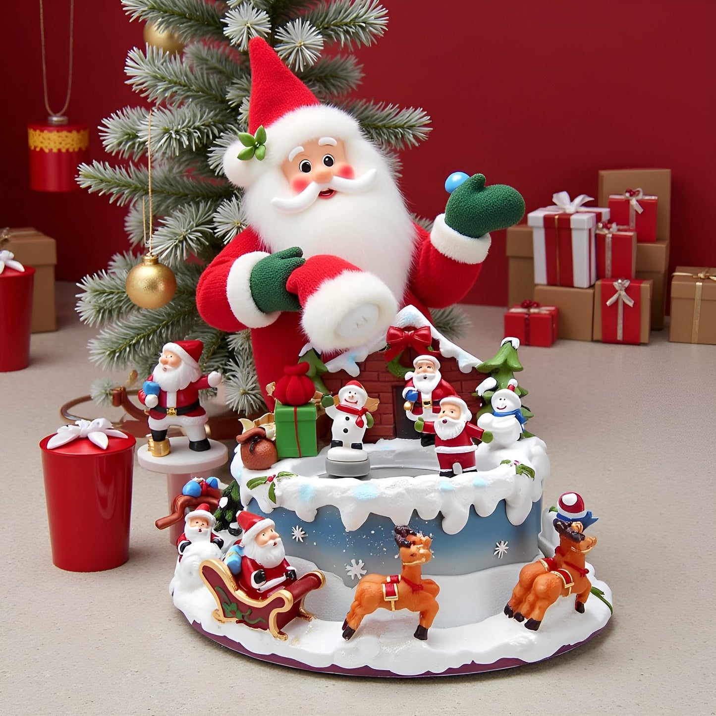 Lightahead Santa Claus Christmas Ice Skating Musical Pond Scene with 2 Figurines on Pond and Base Revolving, Santa Music Box in polyresin for Ages 15 and Above
