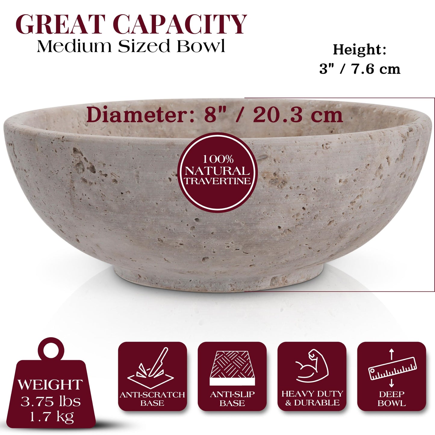 Gusto Nostro 8" Decorative Travertine Bowl for Coffee Table - Elegant Centerpiece, Aesthetic Fruit Bowl for Kitchen Counter - Heavy Stone Entryway Catch all, Jewelry, Potpourri - Travertine Decor