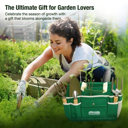 GardenHOME Garden Tool Set, Stainless Steel 7 Piece Tool Set, Heavy Duty Folding Stool, Detachable Canvas Tote Bag, Gardening Tool Kit Organizer