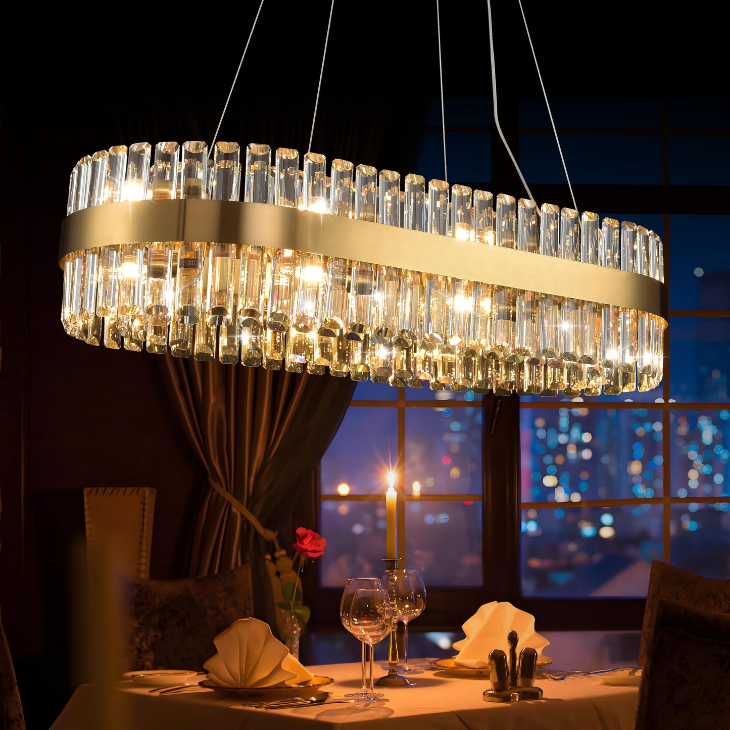 MADEM Modern Chandelier for Dining Room,16-Light Brass Gold 2-Tiers Rectangle Chandelier with Adjustable Length 51.18",Crystal Chandelier for Living Room, Dining Room,Kitchen Chandelier Over Table