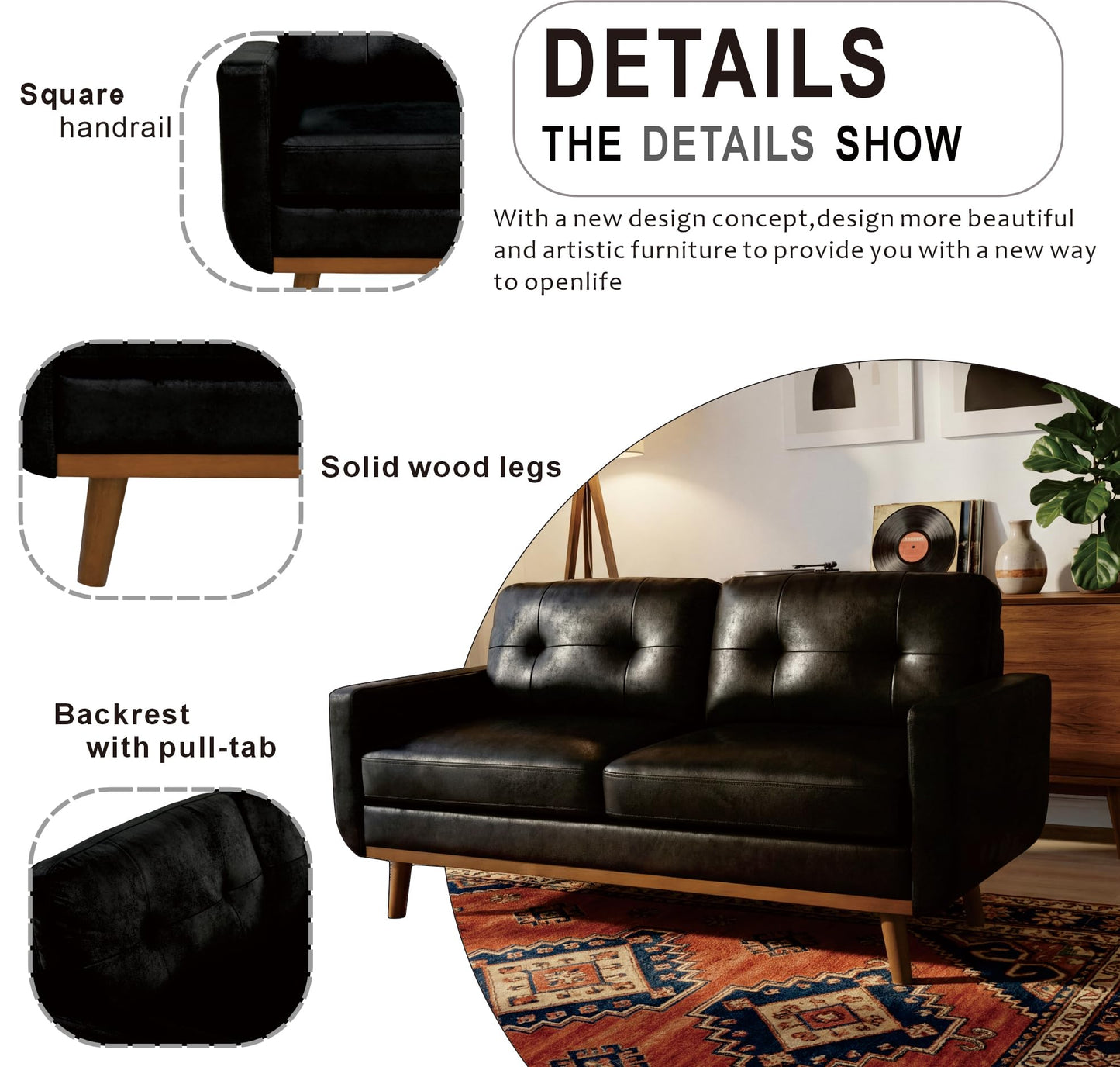 Eafurn Mid-Century Modern Loveseat Sofa Couch, 65” Small PU Leather Couch with Solid Wood Legs & Tufted Backrest, 2-Seater Faux Leather Settee for Living Room, Apartment, Office