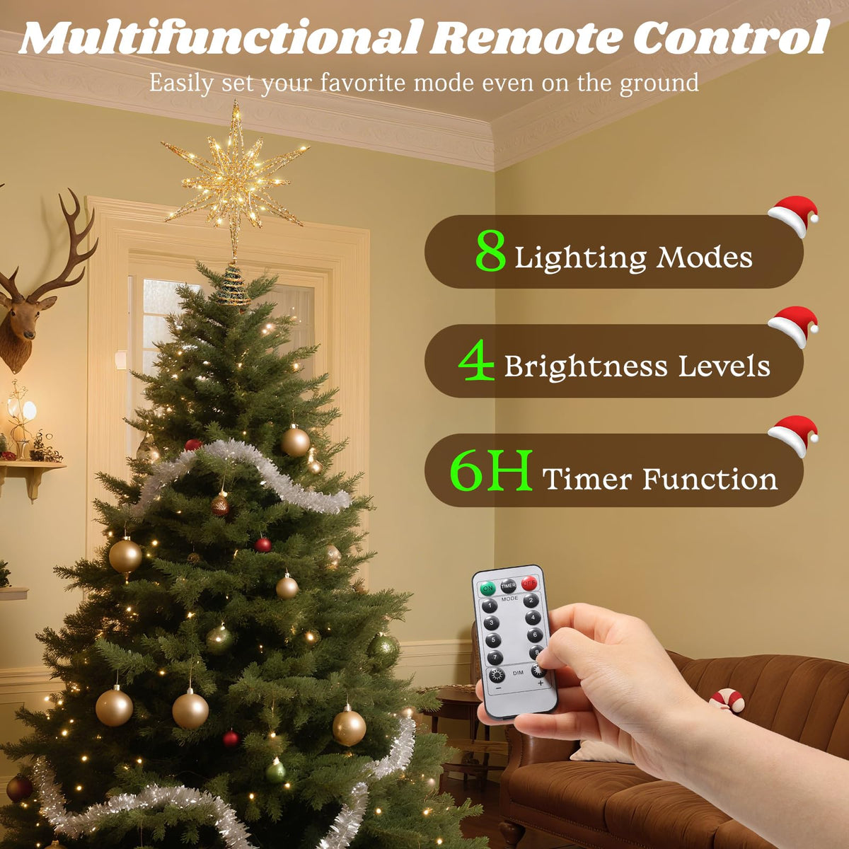Lewondr Christmas Tree Topper, 13.78'' Metal Xmas 3D Geometric Tree Topper with 30 LED Bulbs, USB Remote Control Lighted Multi-Pointed Star Treetop, 6H Timer, 8 Modes Christmas Decor for Home, Gold