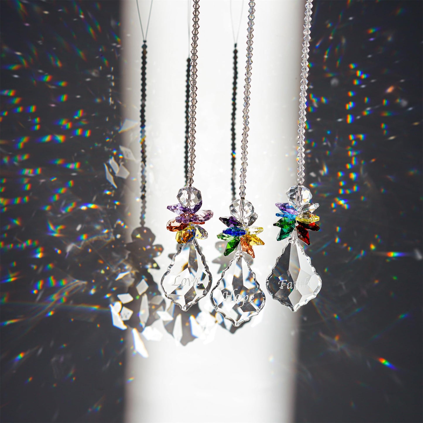 H&D HYALINE & DORA Glass Crystal Rainbow Angel Ornament Chakra Hanging Suncatcher Window Sun Catcher with Baroque Maple Leaf Pendant for Gift, Pack of 3