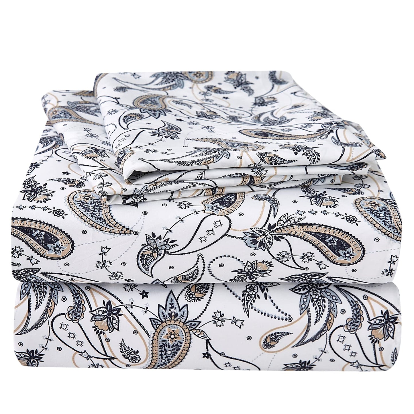 JSD Grey Paisley Printed Sheet Set Queen Size, 4 Piece Soft Retro Pattern Microfiber Sheets Extra Deep Pocket