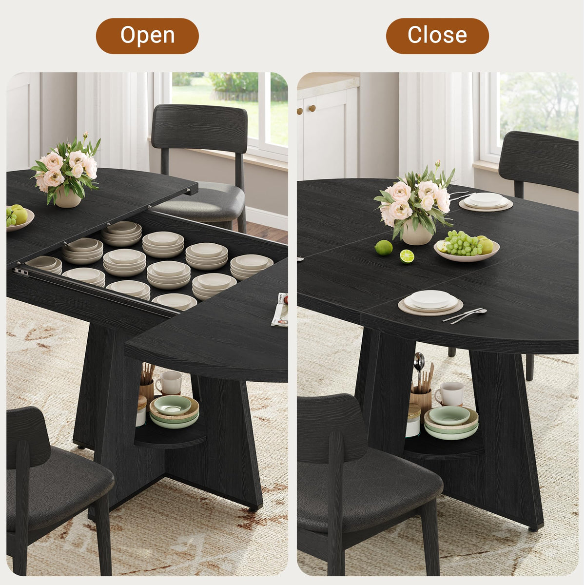 Extendable Dining Table, Round Kitchen Dining Room Dinner Table with for 4 6 8 People, Space Saving Modern Oval Expandale Furniture with Storage and Pedestal for Kitchen Living Room (Black)