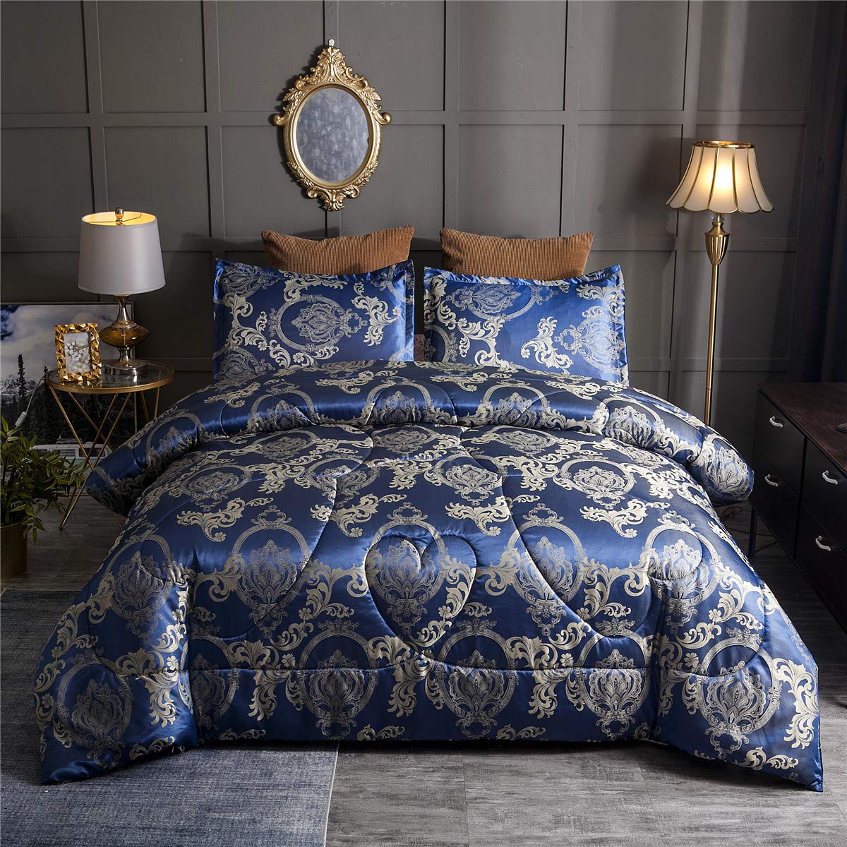 Raytrue-X Comforter Set Satin Silk Blanket All Season Bed Luxury Royal Blue Jacquard Quilt Bedding Sets Matching 2 Pillow Shams (Full/Queen, 88x88 inches, 3 Pieces)