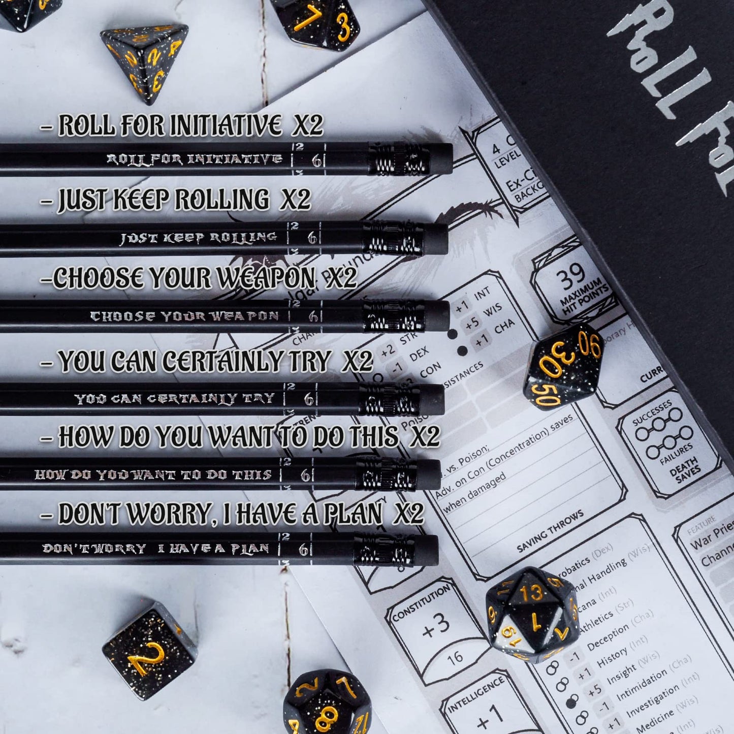 DND Pencils Set of 12 - Silver Foil Stamped with RPG Slogans & D6 Dice Numbers - Hexagon 2HB Tabletop Gaming Pencil with Eraser - Must-Have Tools, Accessories and Gifts for DM and Player (Style A)