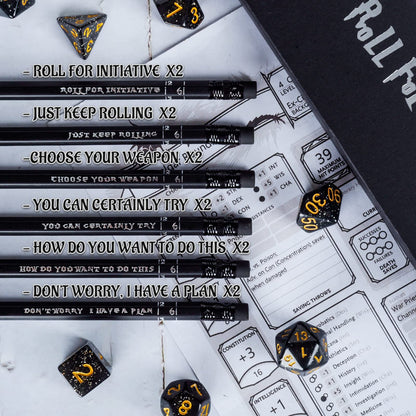 DND Pencils Set of 12 - Silver Foil Stamped with RPG Slogans & D6 Dice Numbers - Hexagon 2HB Tabletop Gaming Pencil with Eraser - Must-Have Tools, Accessories and Gifts for DM and Player (Style A)