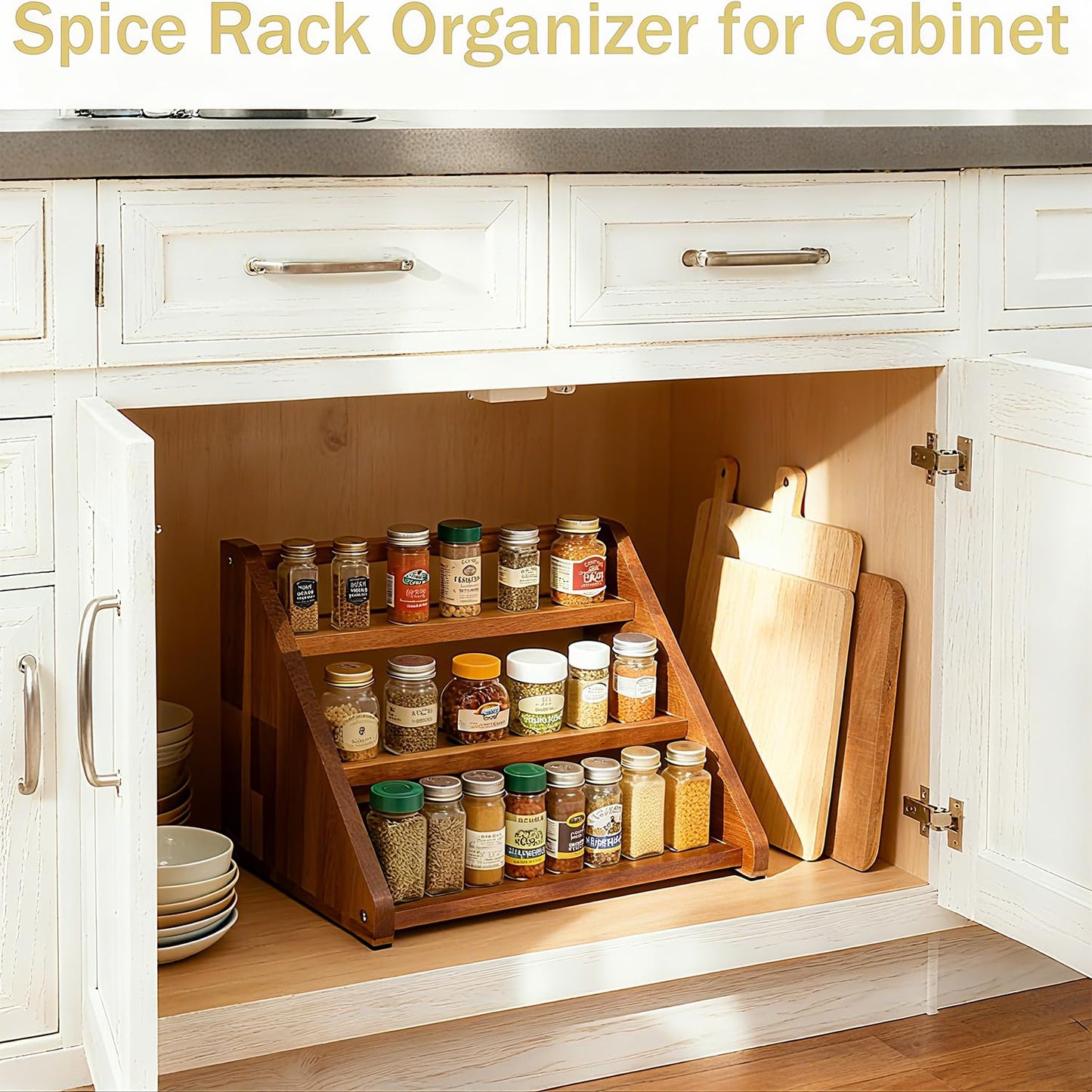 Arflo Acacia Wooden Spice Rack for Countertop - 3 Tiered Spice Rack Organizer for Cabinet - Kitchen Spices Organizers Holds 21 Jars - Spices Shelf for Kitchen Storage Pantry Seasoning Organizer