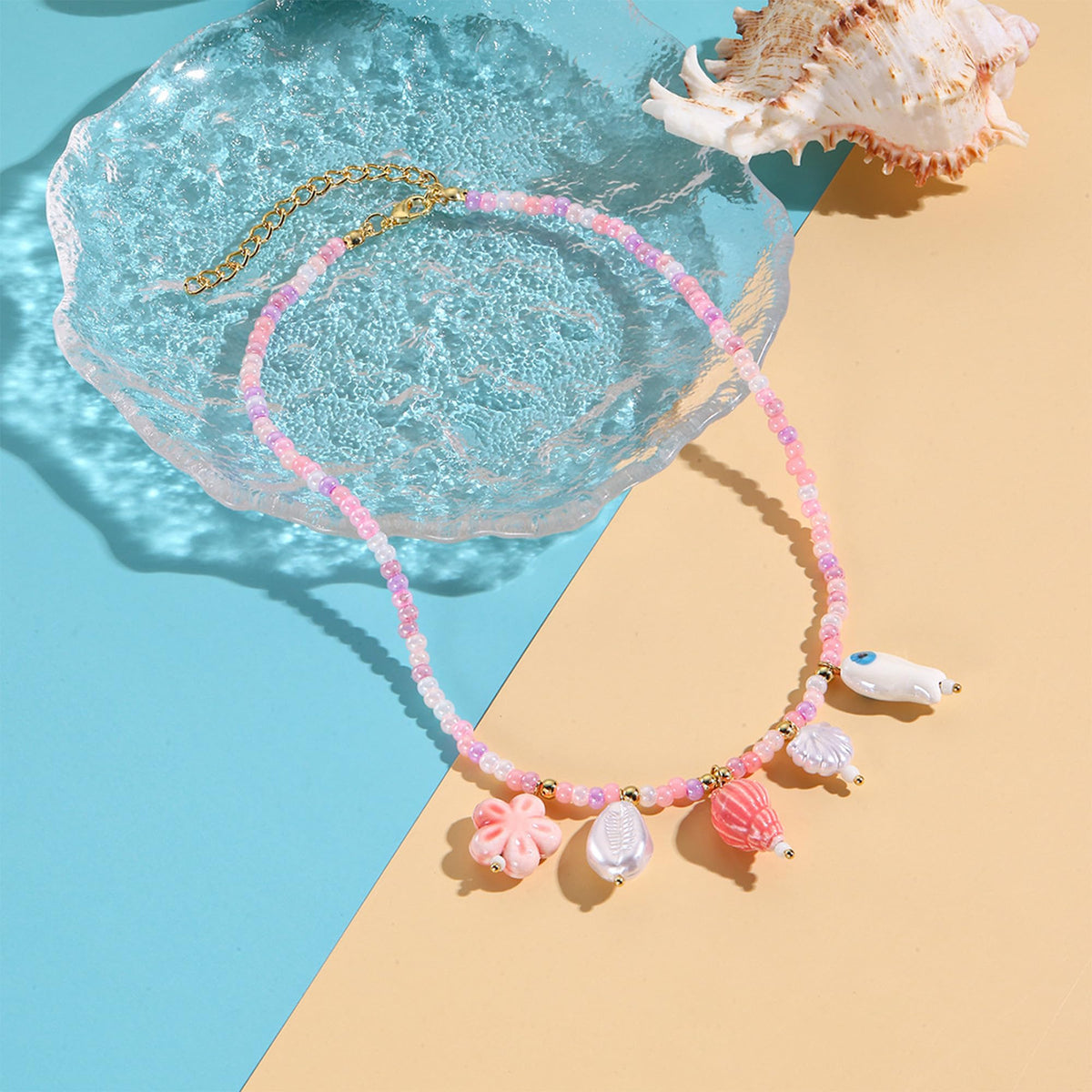 JAGWQRK Starfish Shell Charm Necklaces for Women Boho Adjustable Beaded Fish Shell Charm Necklace Hawaiian Summer Beach Surfe Party Present Jewelry