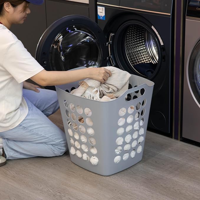 Flexible Plastic Laundry Basket - Square Storage Hamper with Side Handles for Easy Carrying - Versatile Organizer for Laundry, and Household Storage, Gray 50 Litter