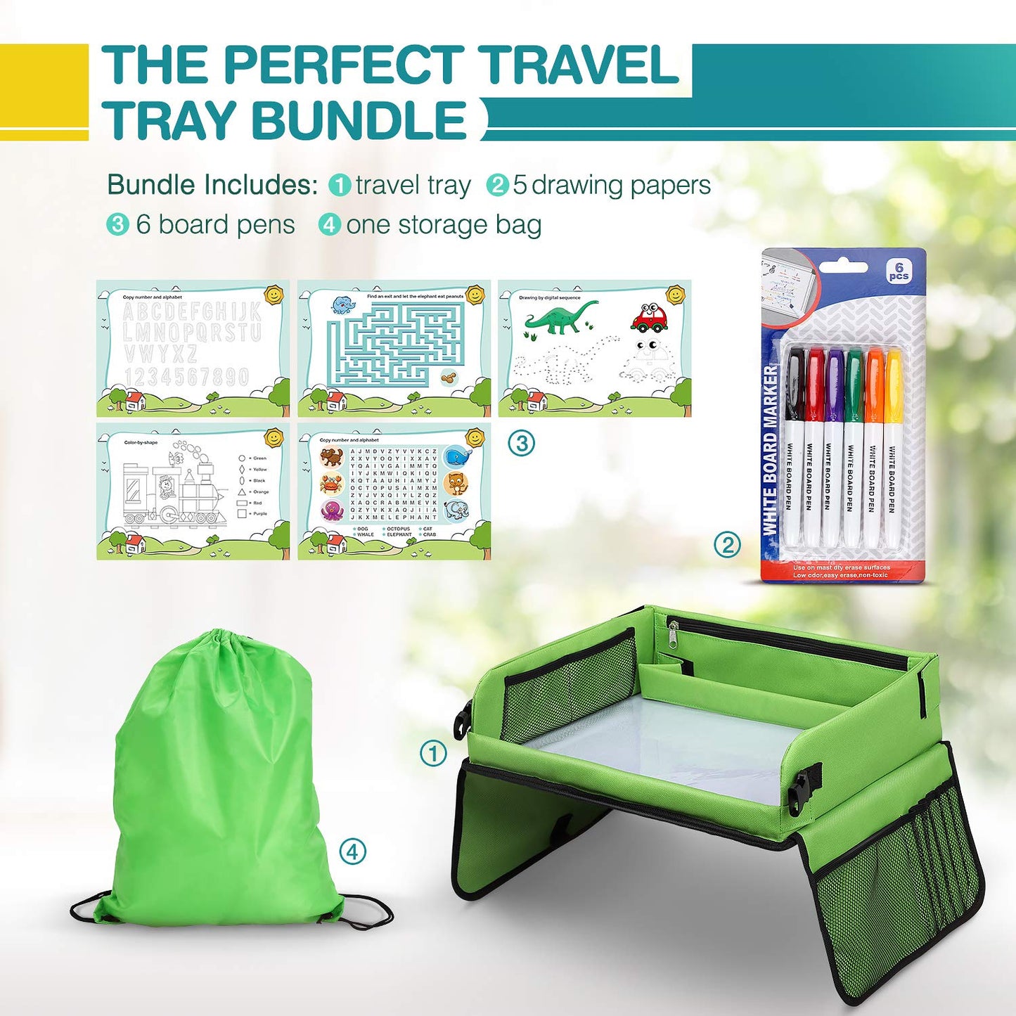 lenbest Kids Travel Tray - Travel Tray for Kids in Car - Car Seat Tray for Kids Travel - Multifunctional Tray with Transparent Erasable Surface & Large Storage Space - Travel Games for Kids