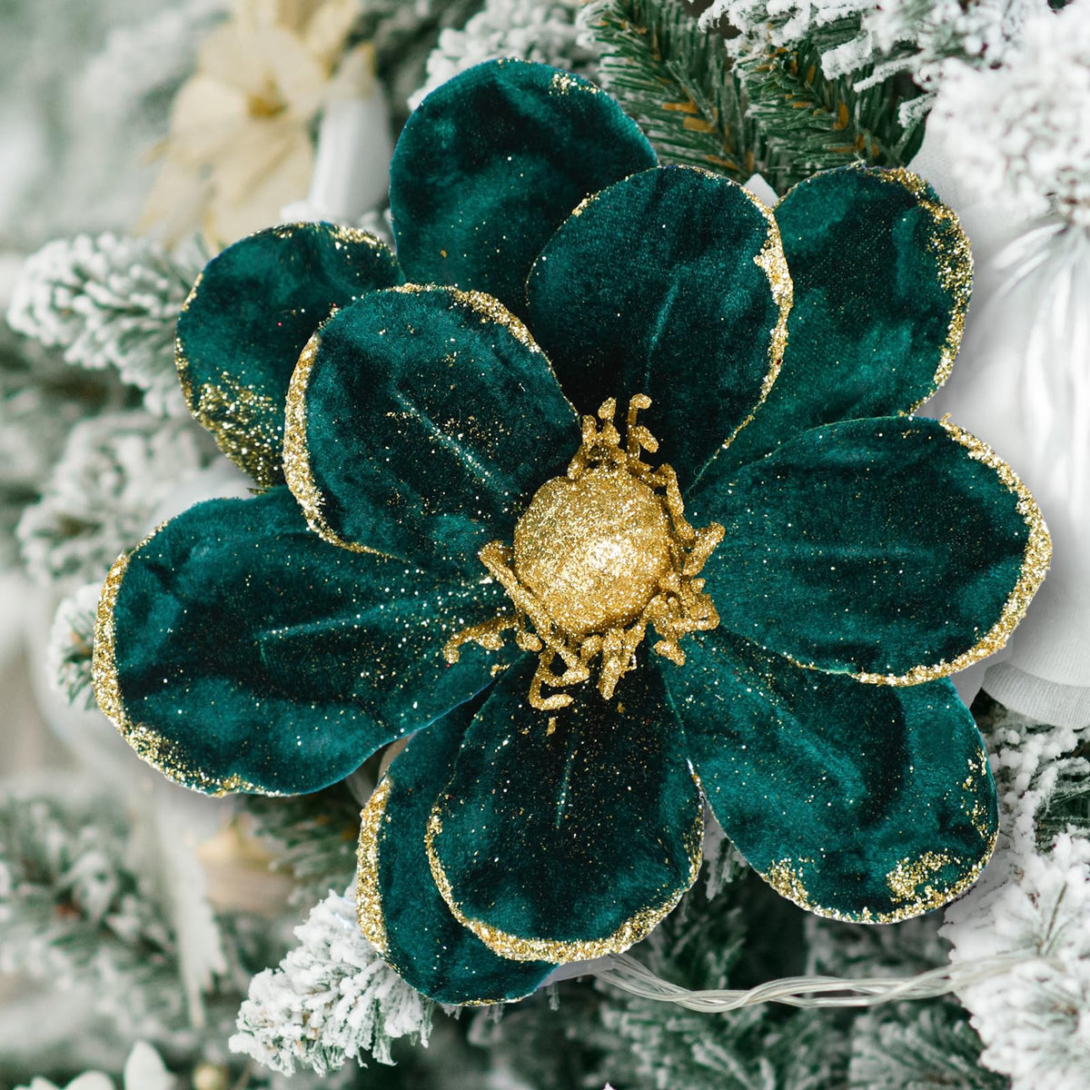 XunYee 10 Pcs Dark Green Velvet Christmas Glitter Flowers Magnolia Artificial Poinsettia Flower Christmas Tree Ornaments Velvet Floral Picks with Clips for Xmas DIY Wreath Decor, 6 Inch