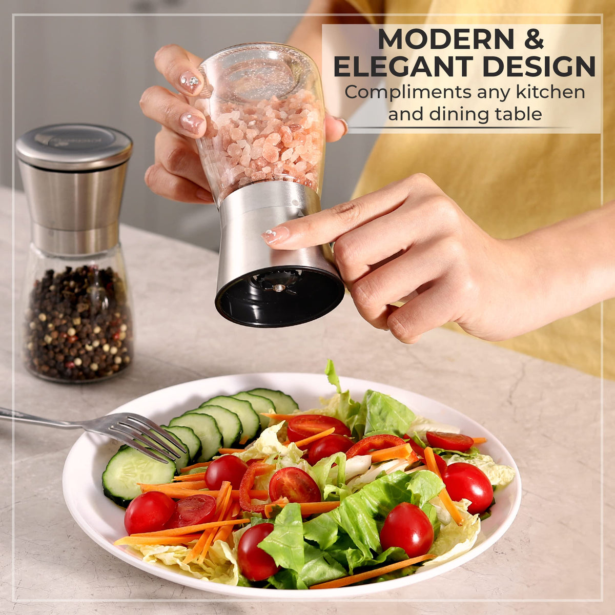 Salt and Pepper Grinder Set – Manual Salt Grinder and Pepper Mill for Black Pepper, Sea Salt – Refillable, Easy-to-Use Salt & Pepper Mill Set