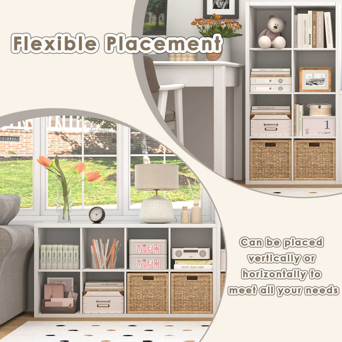Endearing Limons【2026 Wooden Thick Border 8 Cube Shelf Storage Organizer with Anti-Tipping Kits + Reversible Open Back Bookcase (11 x 11 Unit Cell White)