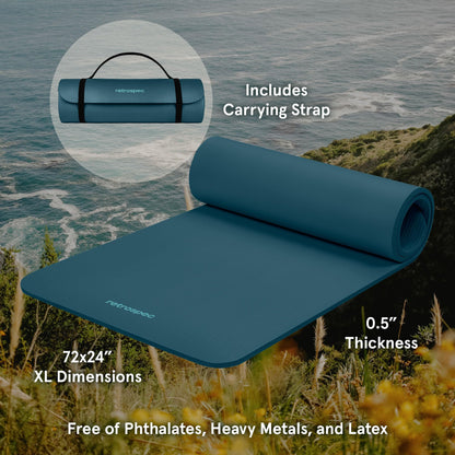 Retrospec Solana Yoga Mat 1/2" Thick w/Nylon Strap for Men & Women - Non Slip Exercise Mat for Yoga, Pilates, Stretching, Floor & Fitness Workouts