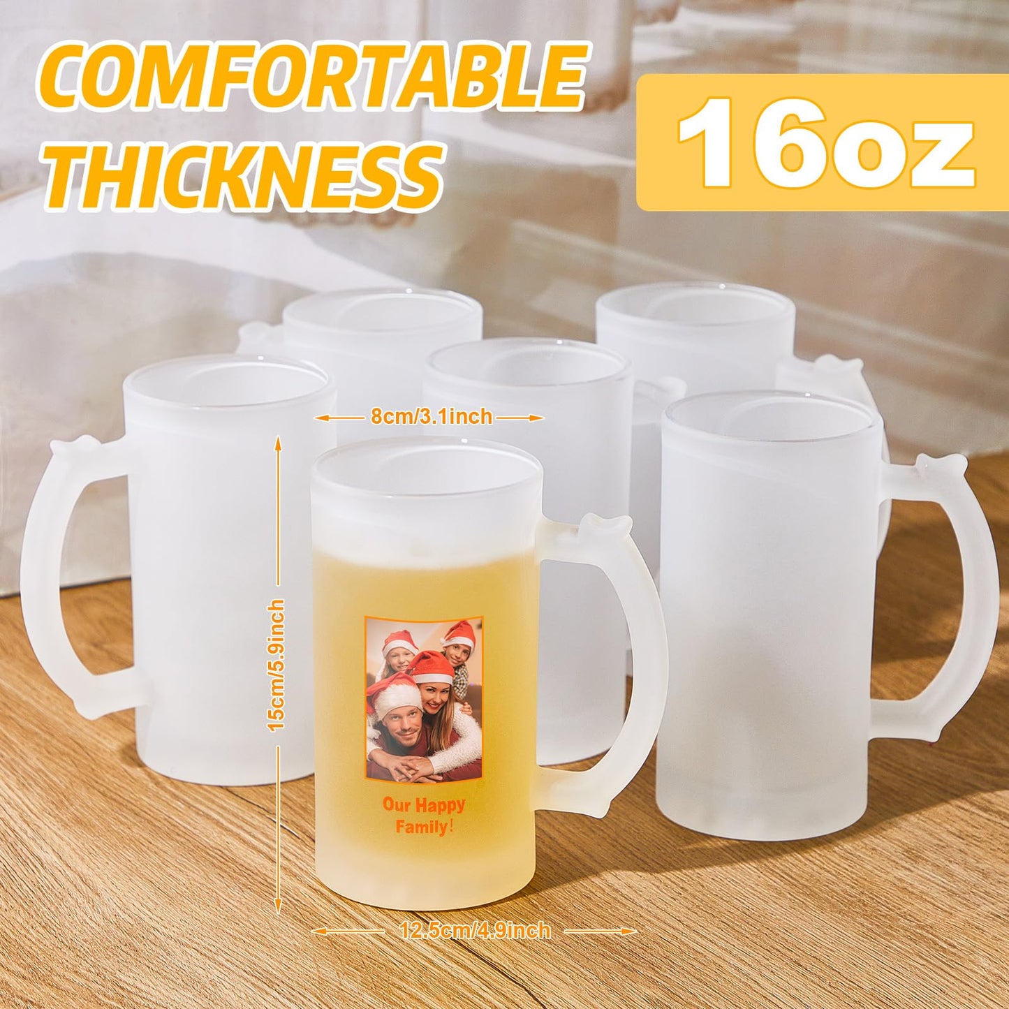 Mifoci 6 Pcs Sublimation Blank Beer Mugs Personalized Tazas Para Present 16 oz Frosted Beer Glass Cups Can Add Photo Text or Images on Gift for Husband Dad Men Christmas Wedding Oktoberfest