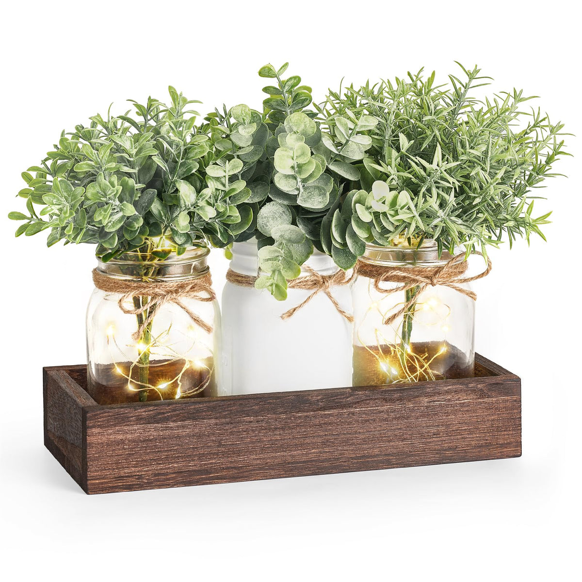Mkono Mason Jar Lights Table Centerpiece for Dining Room Fake Eucalyptus Plants Christmas Table Decor for Kitchen Coffee Table Living Room Bathroom