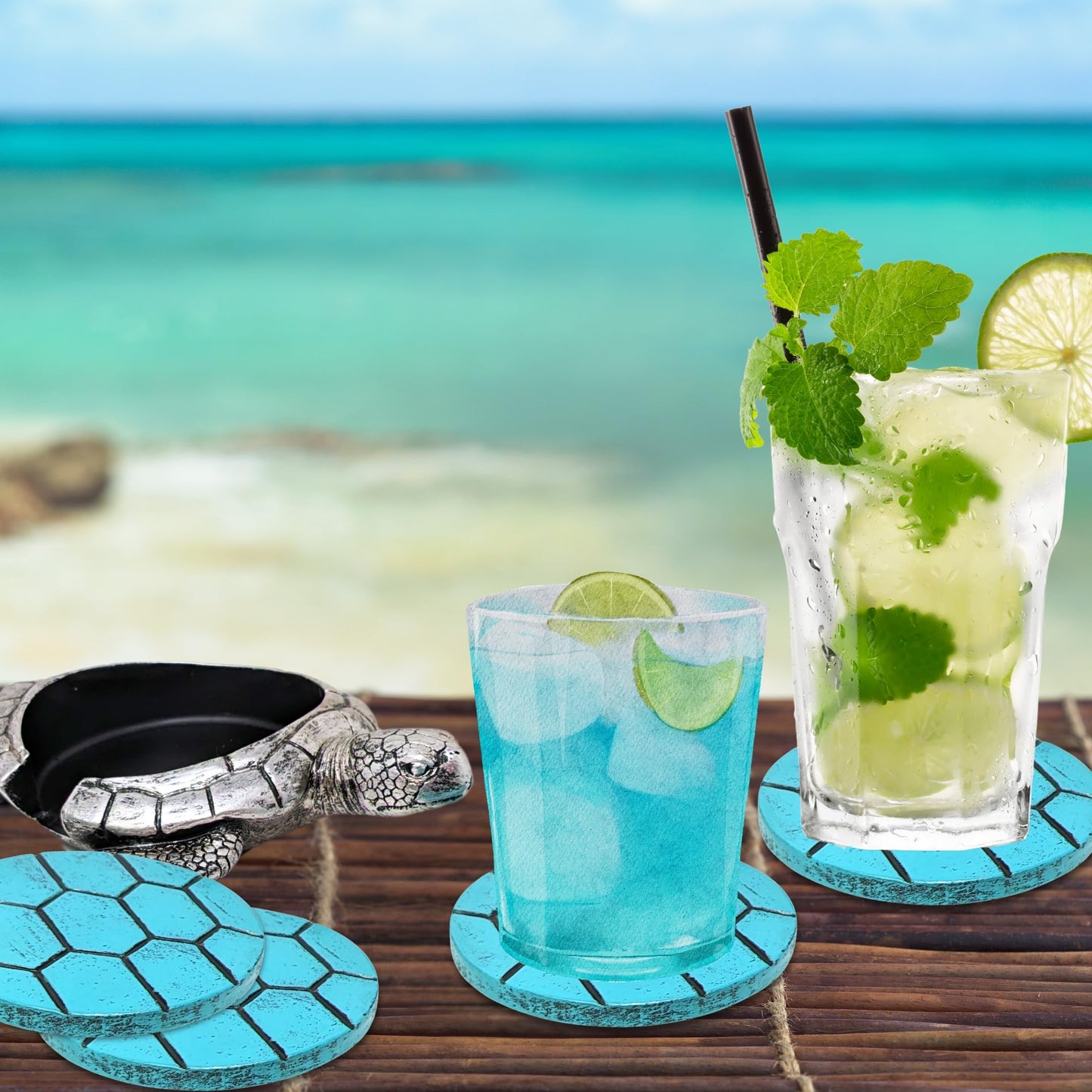 Sea Turtle Coaster Set with Holder – 4 Nautical, Ocean, and Tropical Silver & Turquoise Resin Coasters – Coastal Beach Home, Bar, Kitchen, or Dining Room Décor – Ideal Gift for Sea Life Lovers